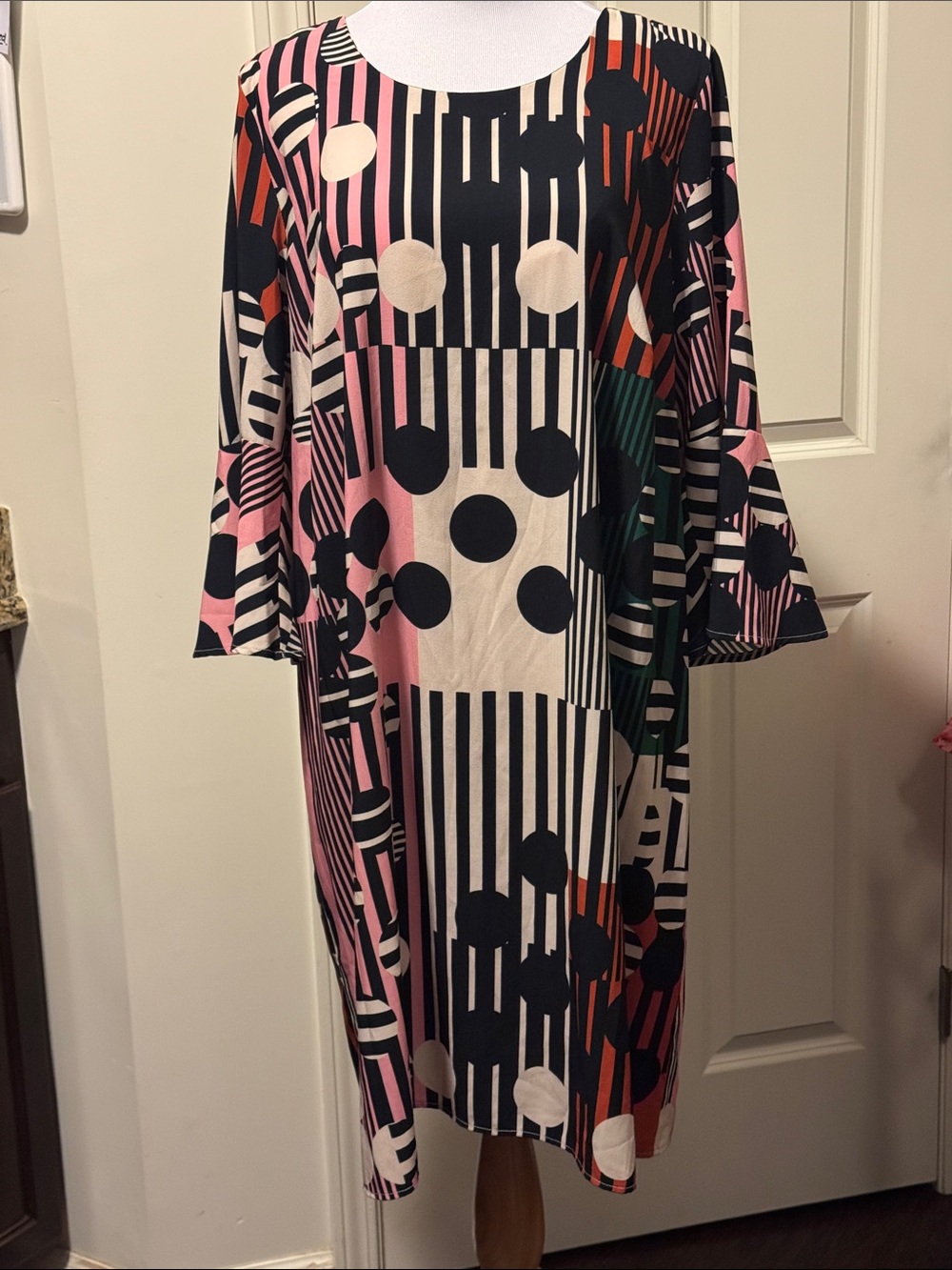Eloquii Pink, Black & Cream Geometric Midi Dress w/ Tie in Back